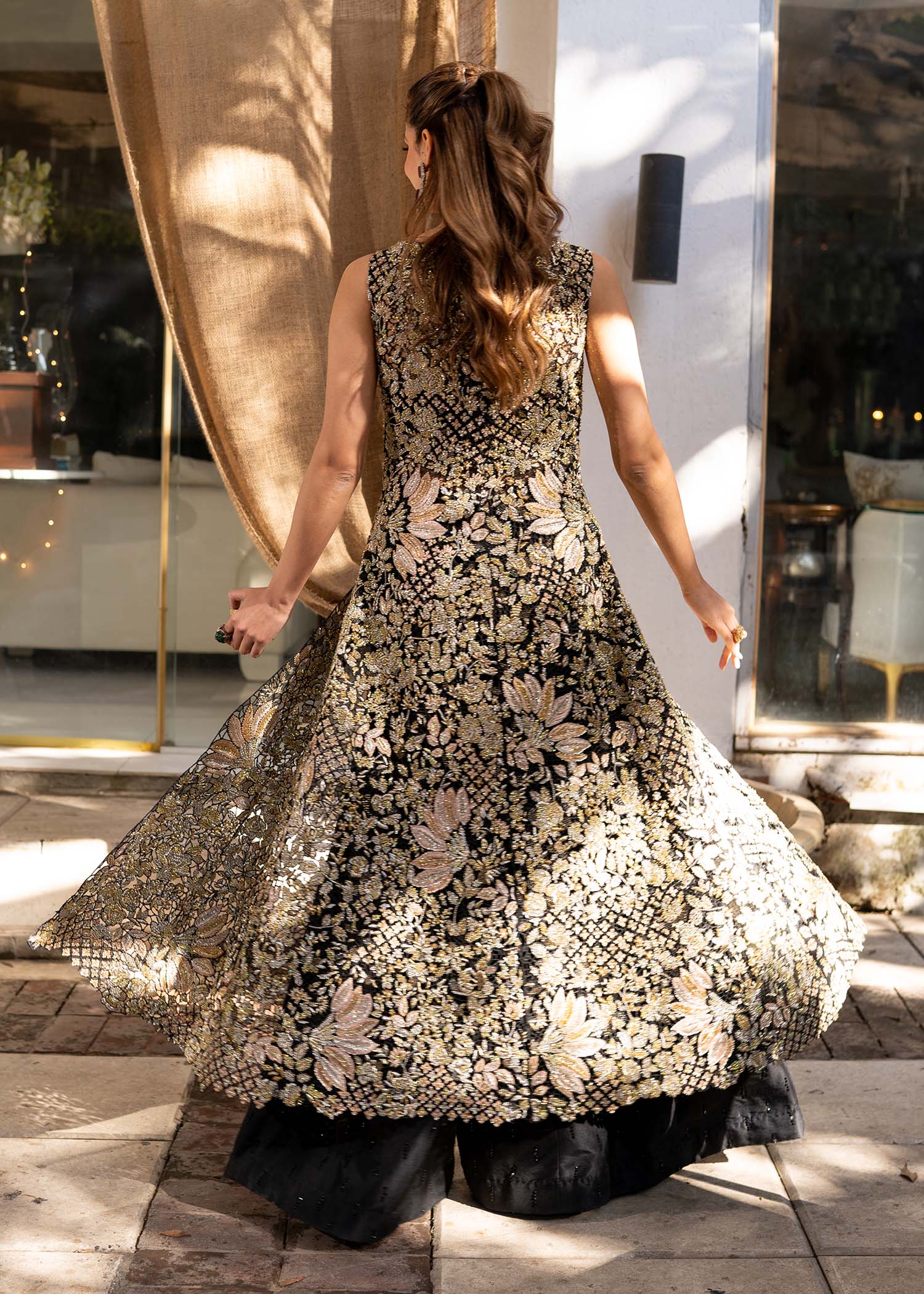 Pakistani Black Embroidered Organza Cutwork Shirt with Sharara (2-Piece) - Image 4