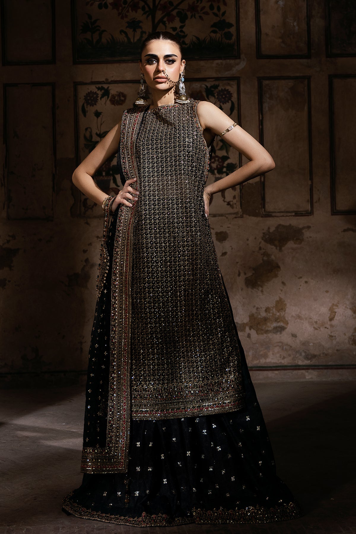 Pakistani Black Embroidered Organza & Jamawar Sharara (3-Piece) - Image 1