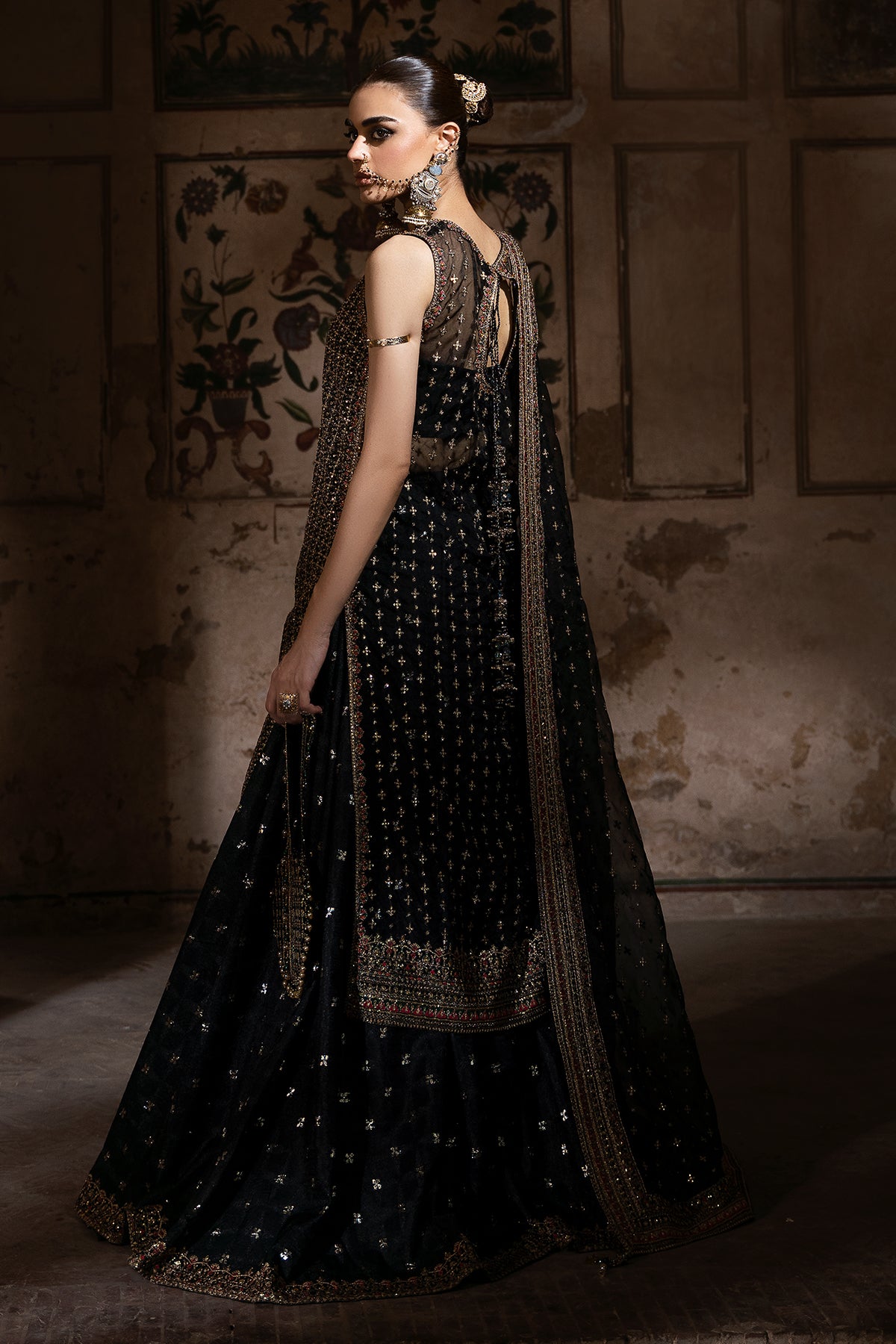 Pakistani Black Embroidered Organza & Jamawar Sharara (3-Piece) - Image 2