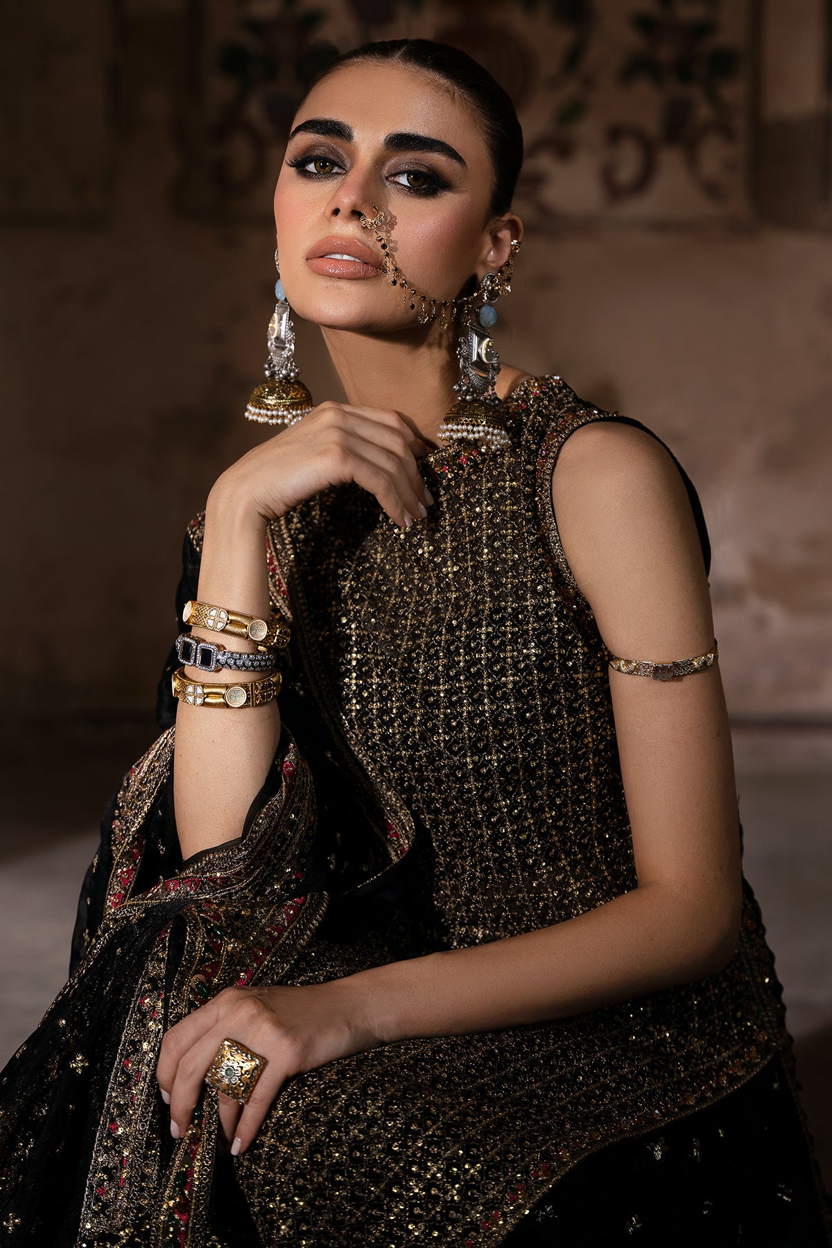 Pakistani Black Embroidered Organza & Jamawar Sharara (3-Piece) - Image 3