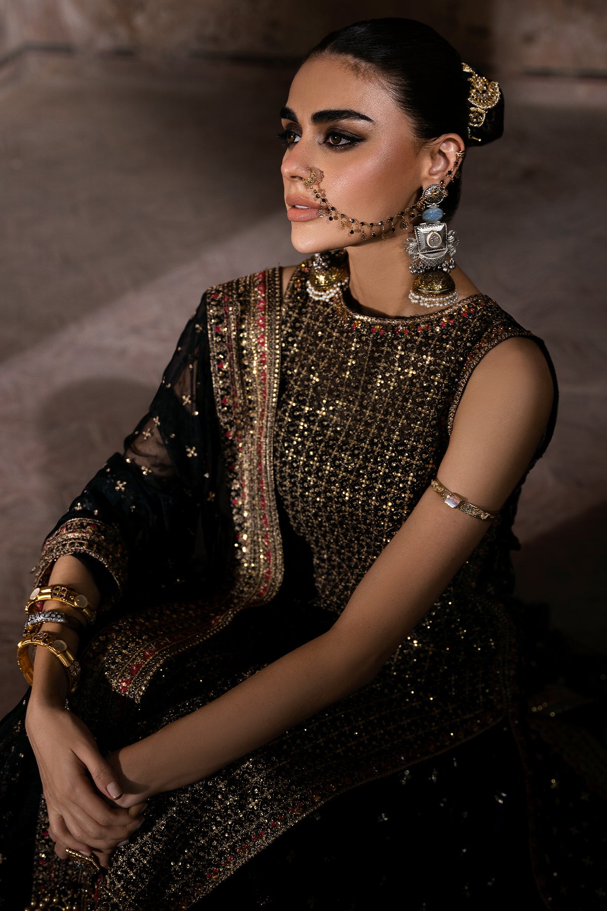 Pakistani Black Embroidered Organza & Jamawar Sharara (3-Piece) - Image 5