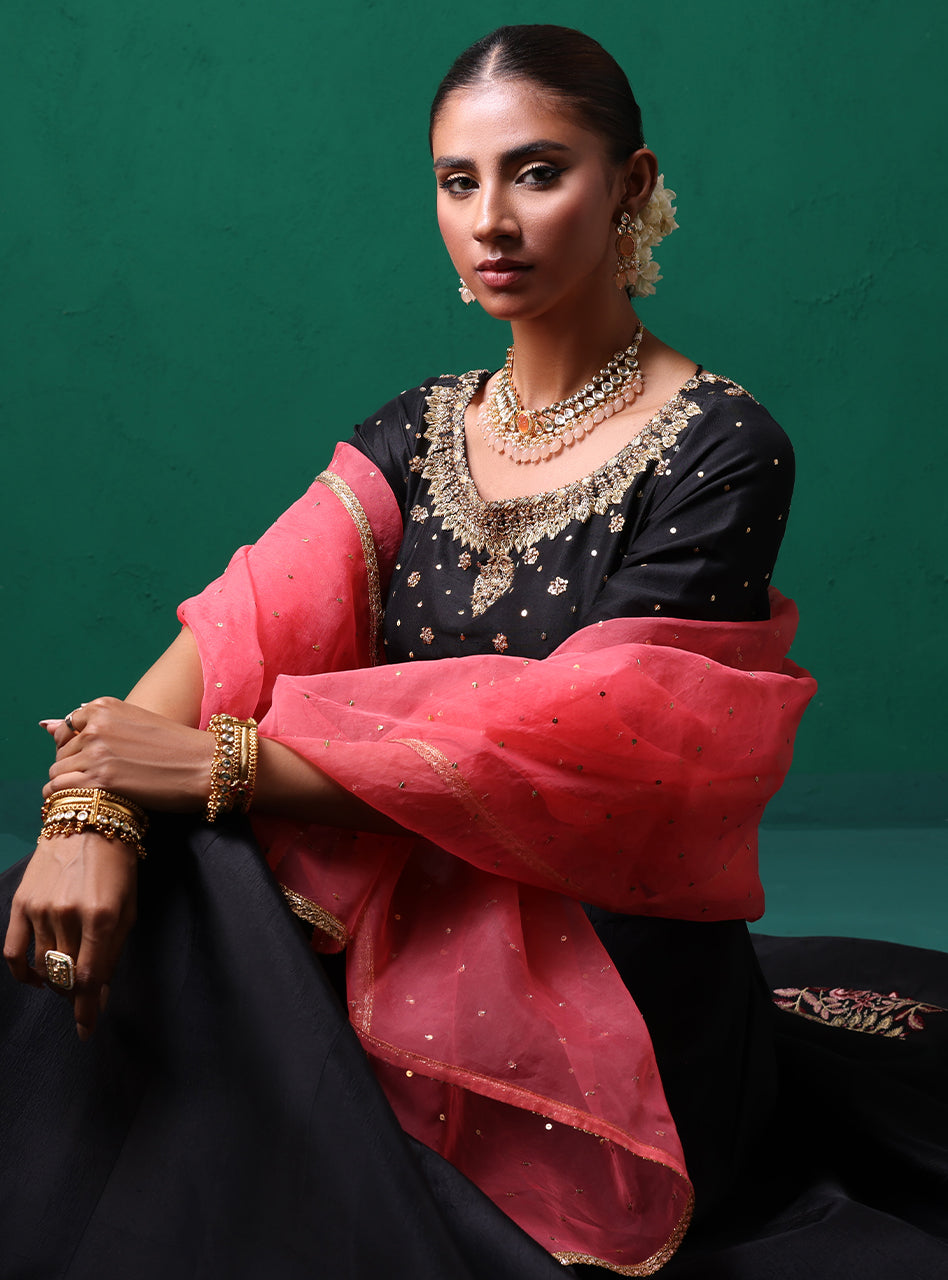 Pakistani Black Embroidered Raw Silk Choli Sharara (3-Piece) - Image 10