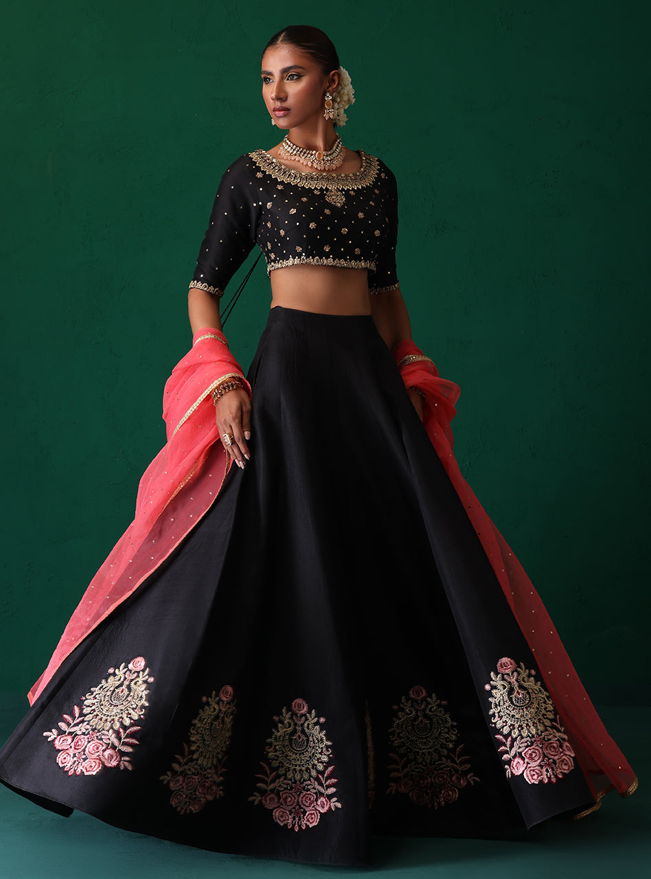 Pakistani Black Embroidered Raw Silk Choli Sharara (3-Piece) - Image 3
