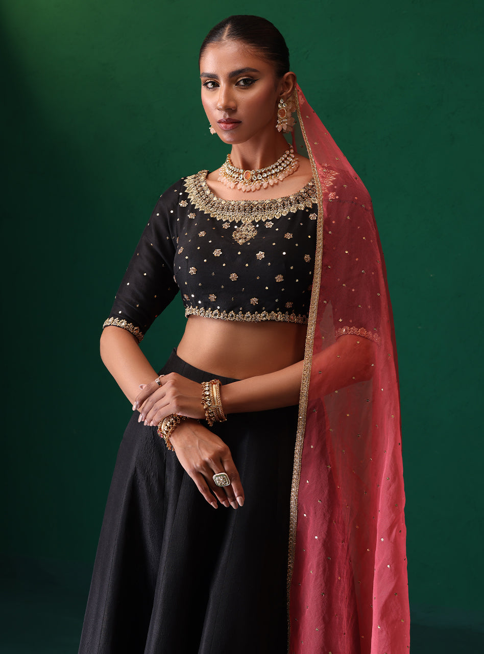 Pakistani Black Embroidered Raw Silk Choli Sharara (3-Piece) - Image 5