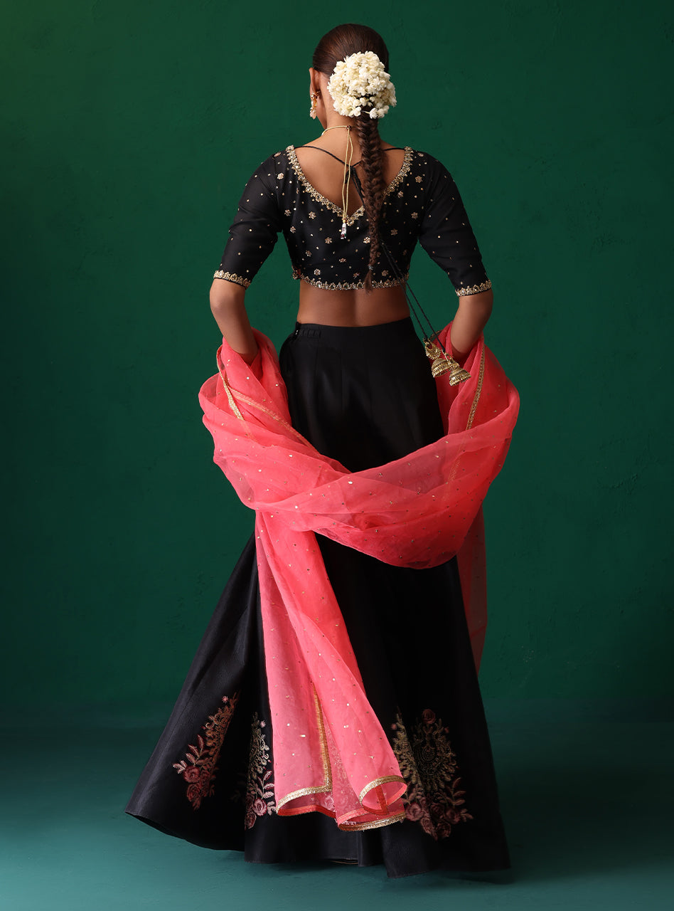 Pakistani Black Embroidered Raw Silk Choli Sharara (3-Piece) - Image 6