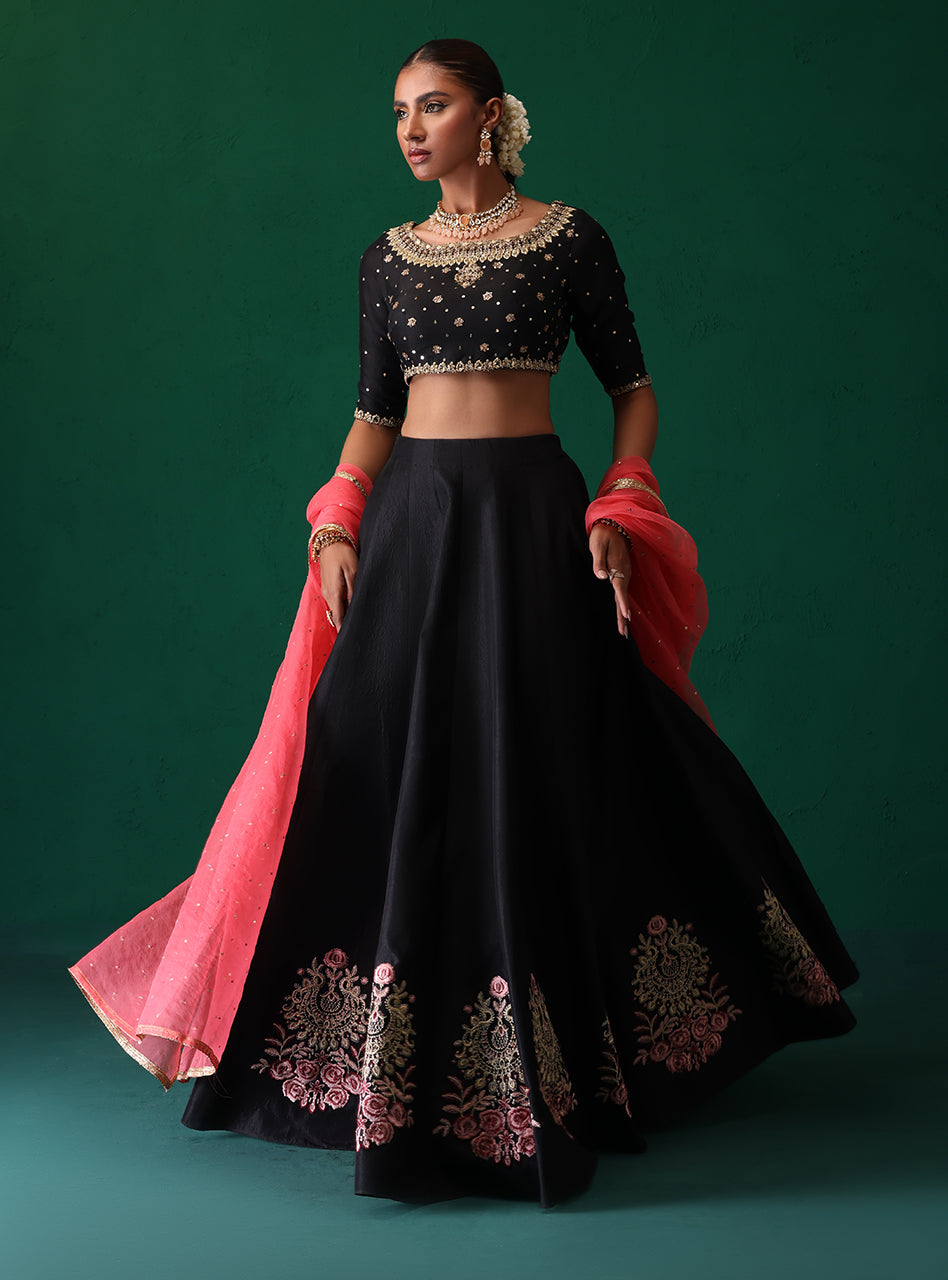 Pakistani Black Embroidered Raw Silk Choli Sharara (3-Piece) - Image 7