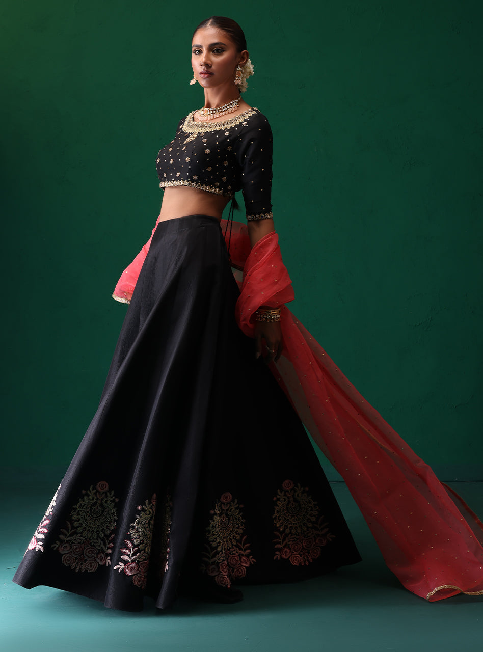 Pakistani Black Embroidered Raw Silk Choli Sharara (3-Piece) - Image 8