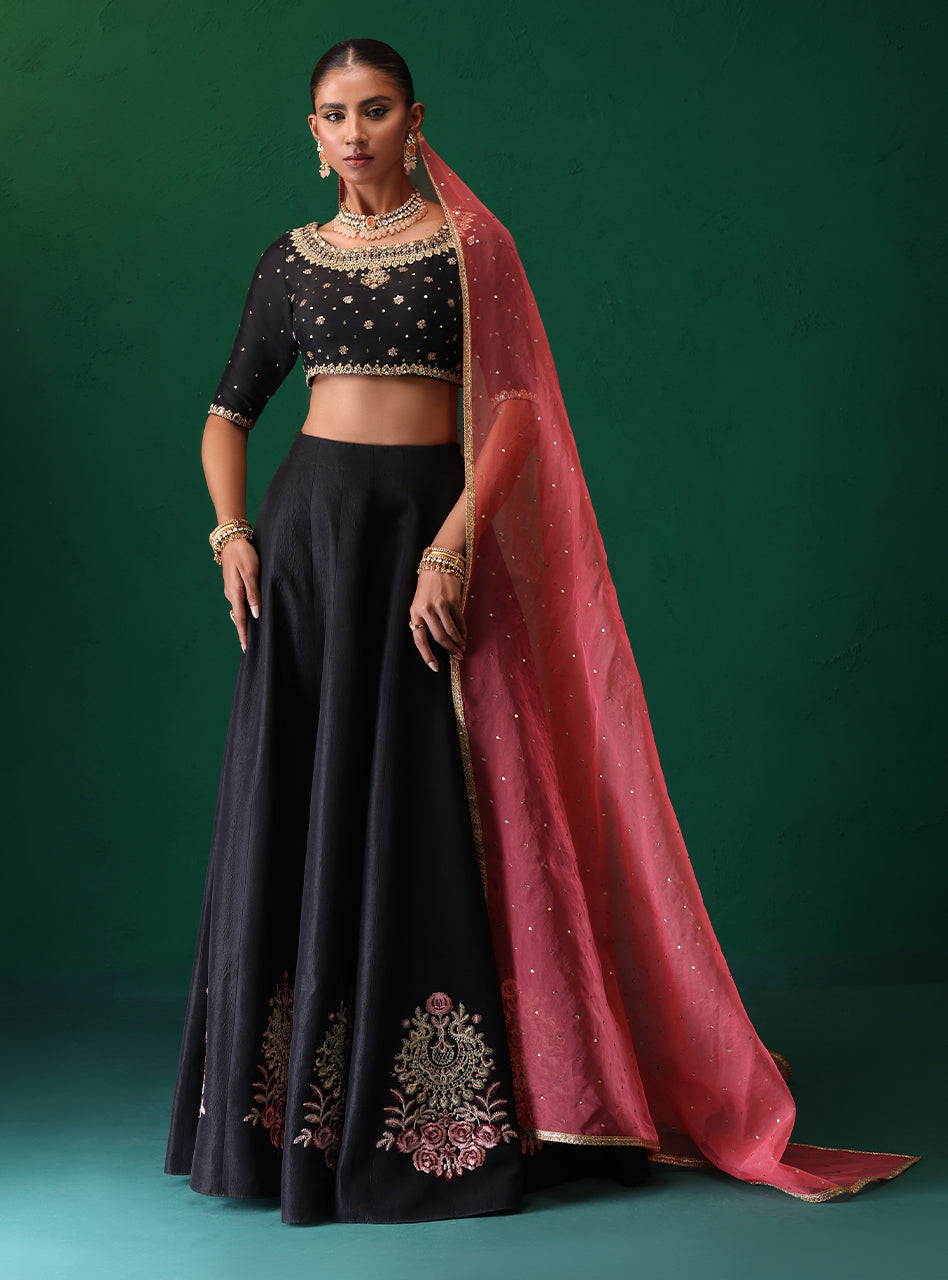 Black Antique Gold Embroidered Raw Silk Choli Sharara (3-Piece) - Image 1