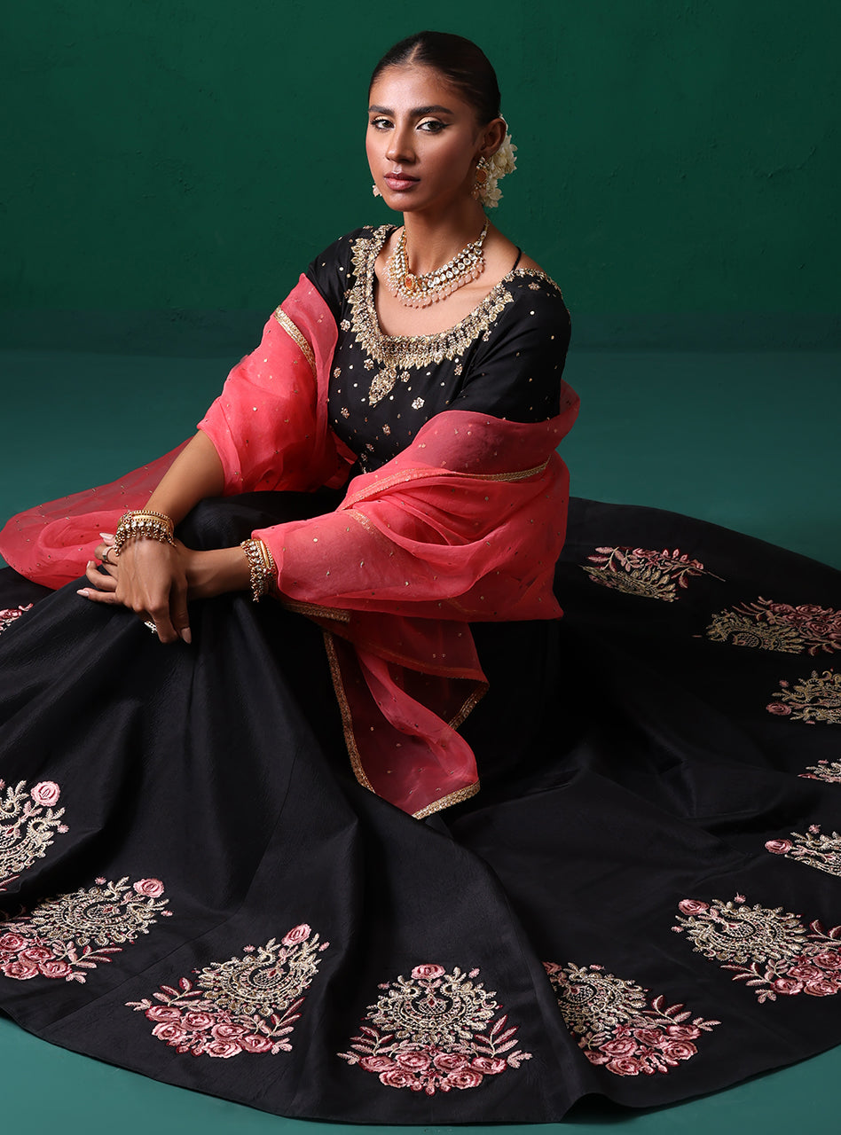 Black Antique Gold Embroidered Raw Silk Choli Sharara (3-Piece) - Image 10