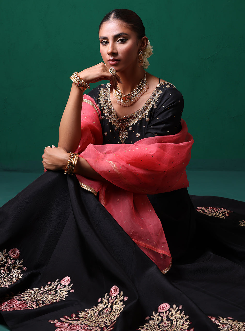 Black Antique Gold Embroidered Raw Silk Choli Sharara (3-Piece) - Image 11