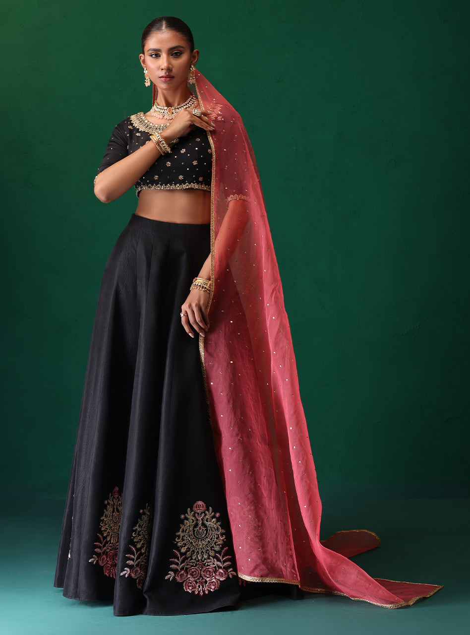 Black Antique Gold Embroidered Raw Silk Choli Sharara (3-Piece) - Image 4