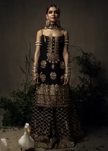 Black Gold Block Printed Raw Silk Sharara (3-Piece) - Image 2