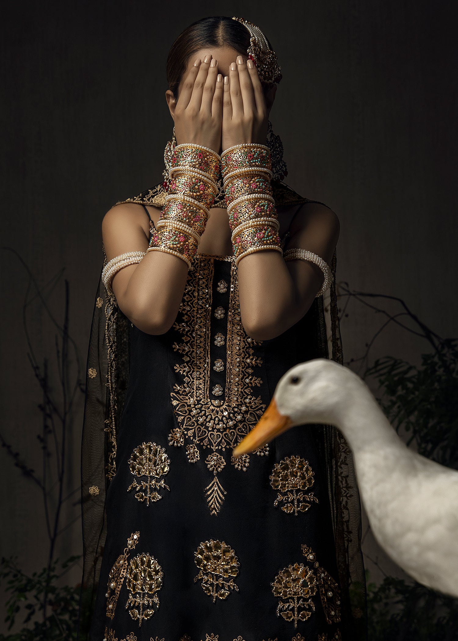 Pakistani Black Gold Block Printed Raw Silk Sharara (3-Piece) - Image 5