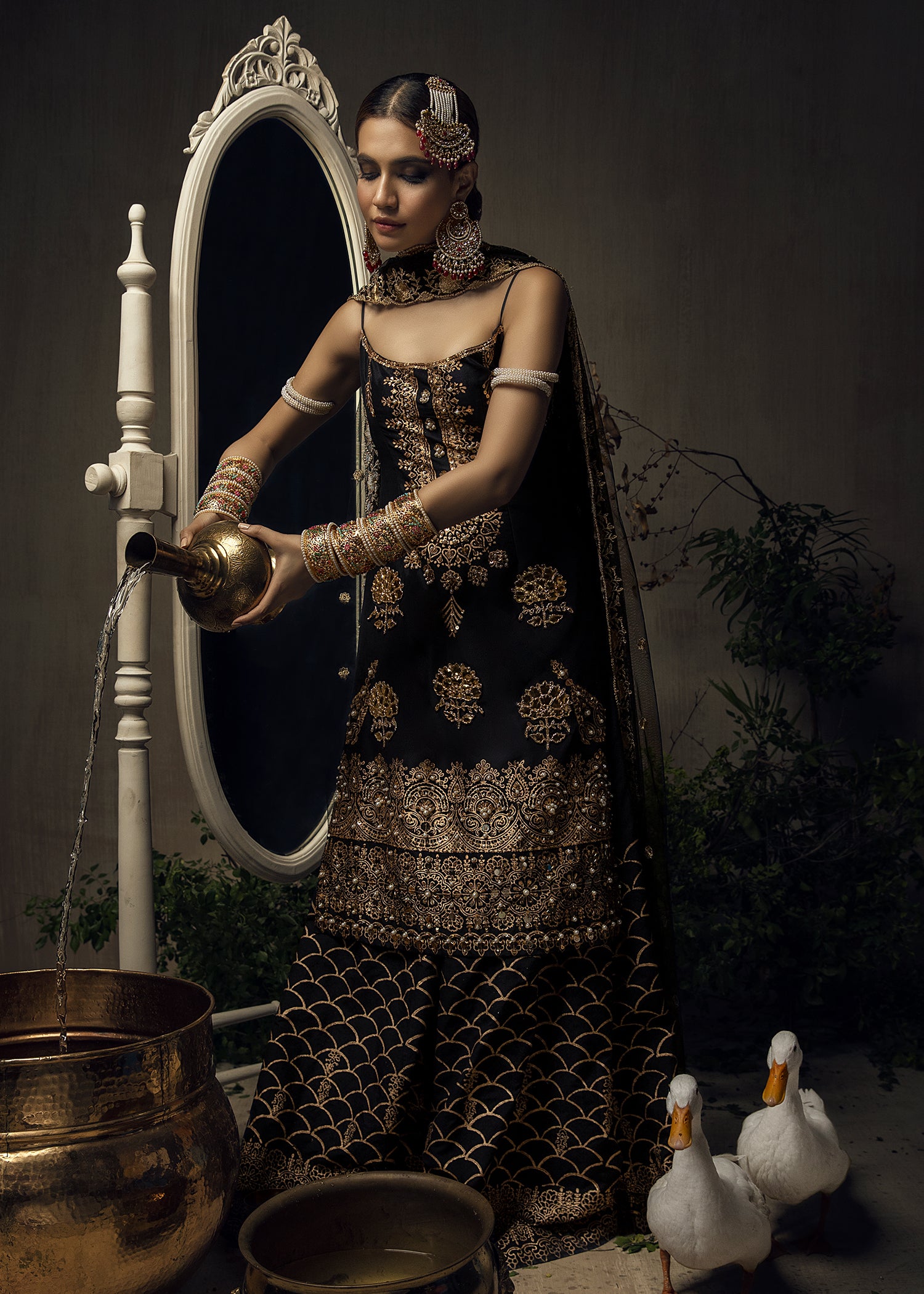 Pakistani Black Gold Block Printed Raw Silk Sharara (3-Piece) - Image 6