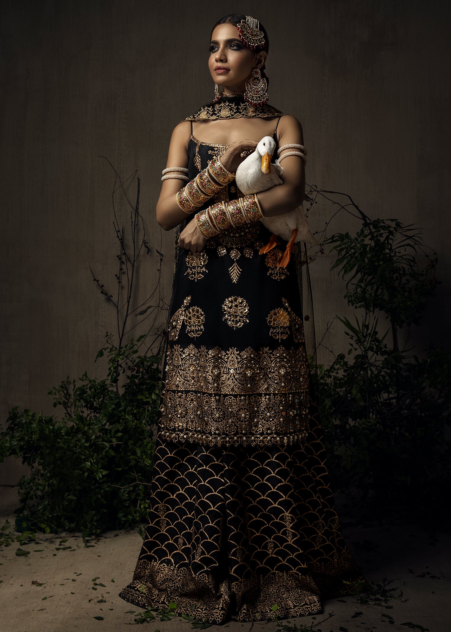 Pakistani Black Gold Block Printed Raw Silk Sharara (3-Piece) - Image 8