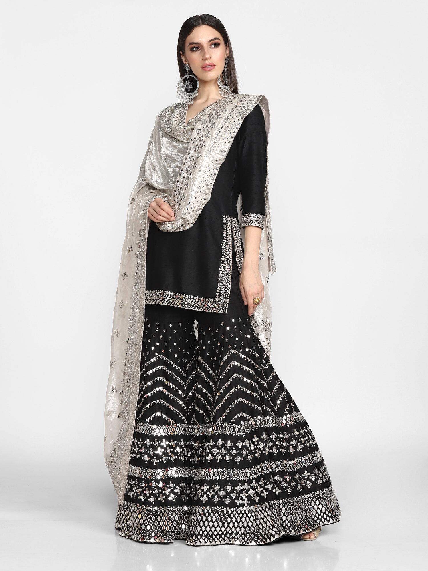 Black Embroidered Raw Silk Sharara Set (3-Piece) - Image 2