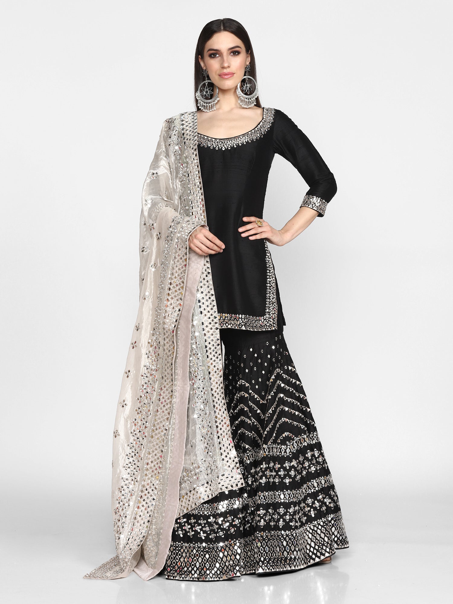 Black Embroidered Raw Silk Sharara Set (3-Piece) - Image 3