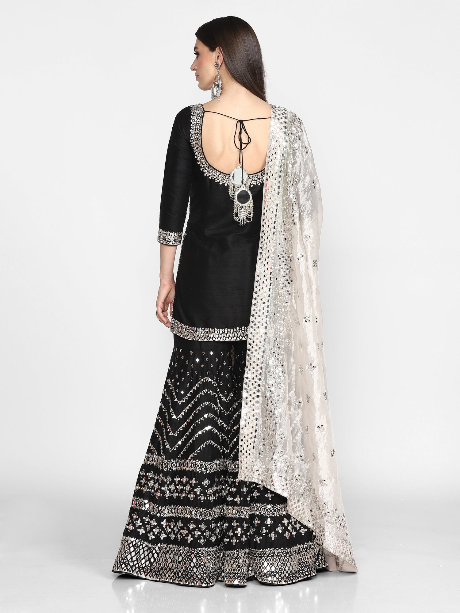 Black Embroidered Raw Silk Sharara Set (3-Piece) - Image 4
