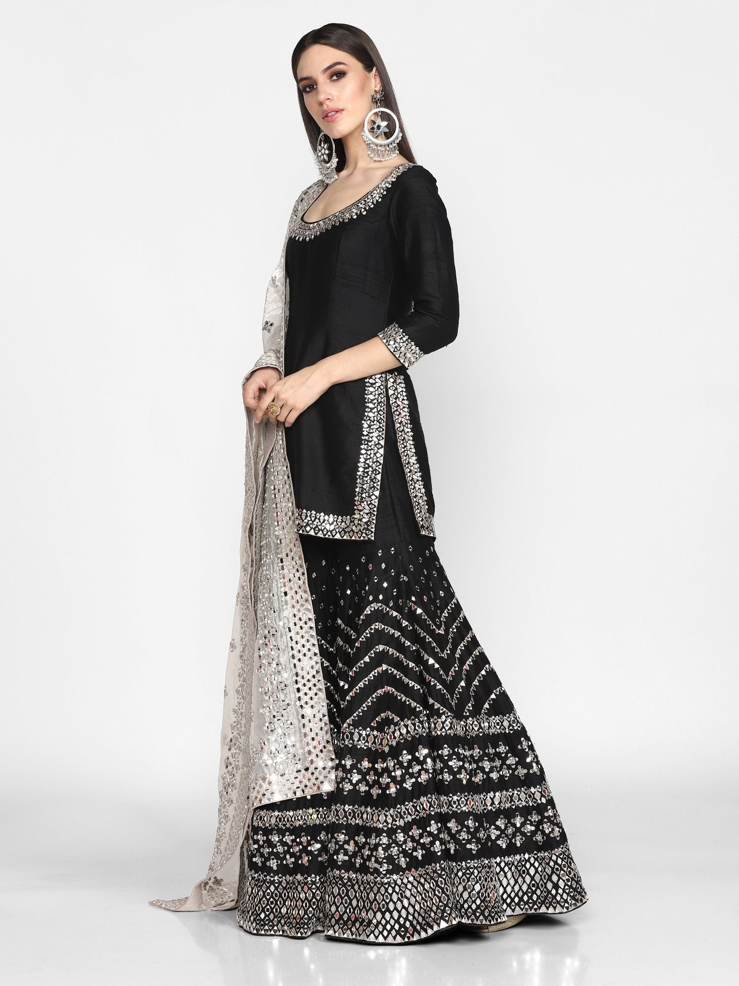 Black Embroidered Raw Silk Sharara Set (3-Piece) - Image 5