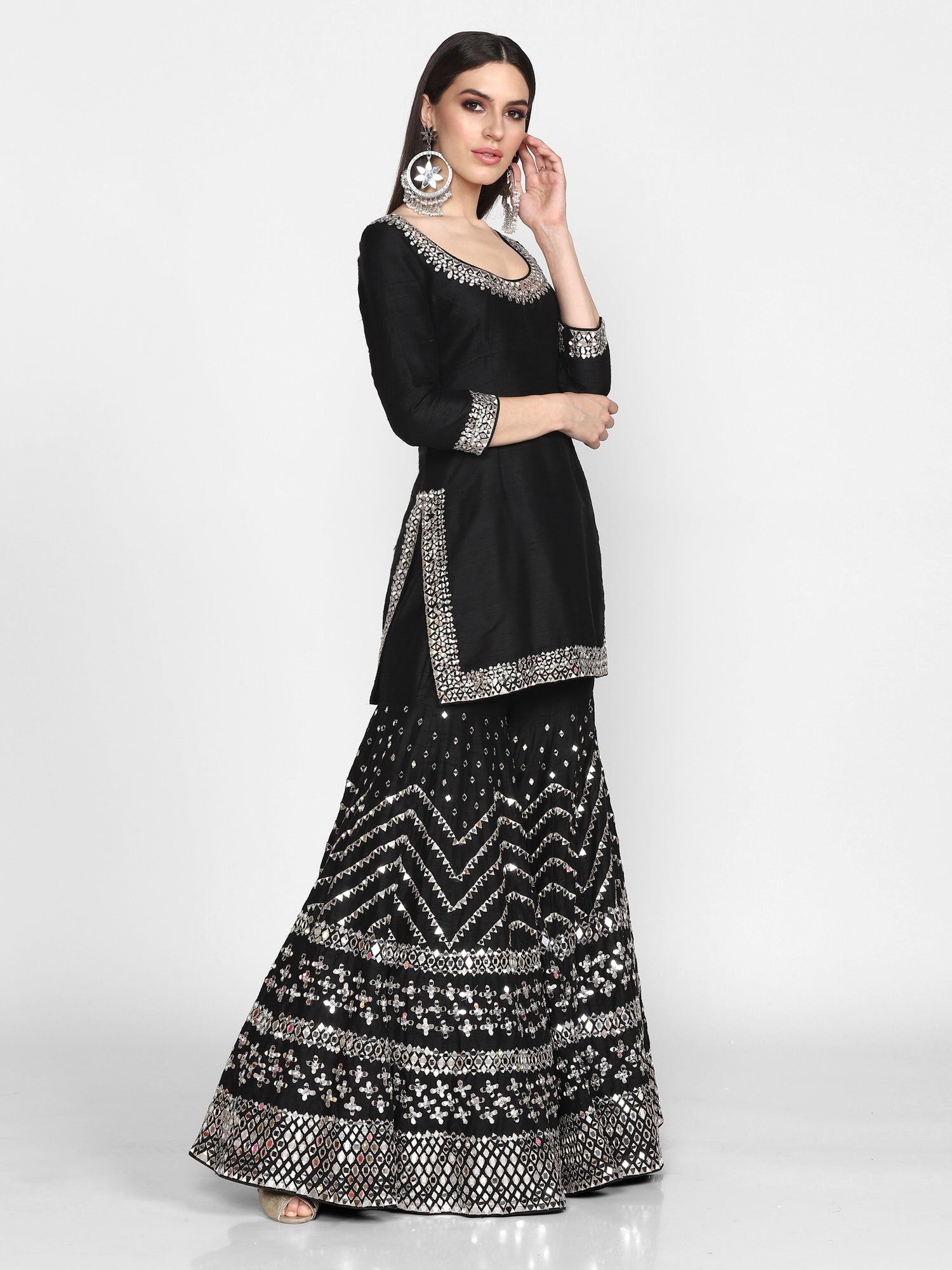 Black Embroidered Raw Silk Sharara Set (3-Piece) - Image 6
