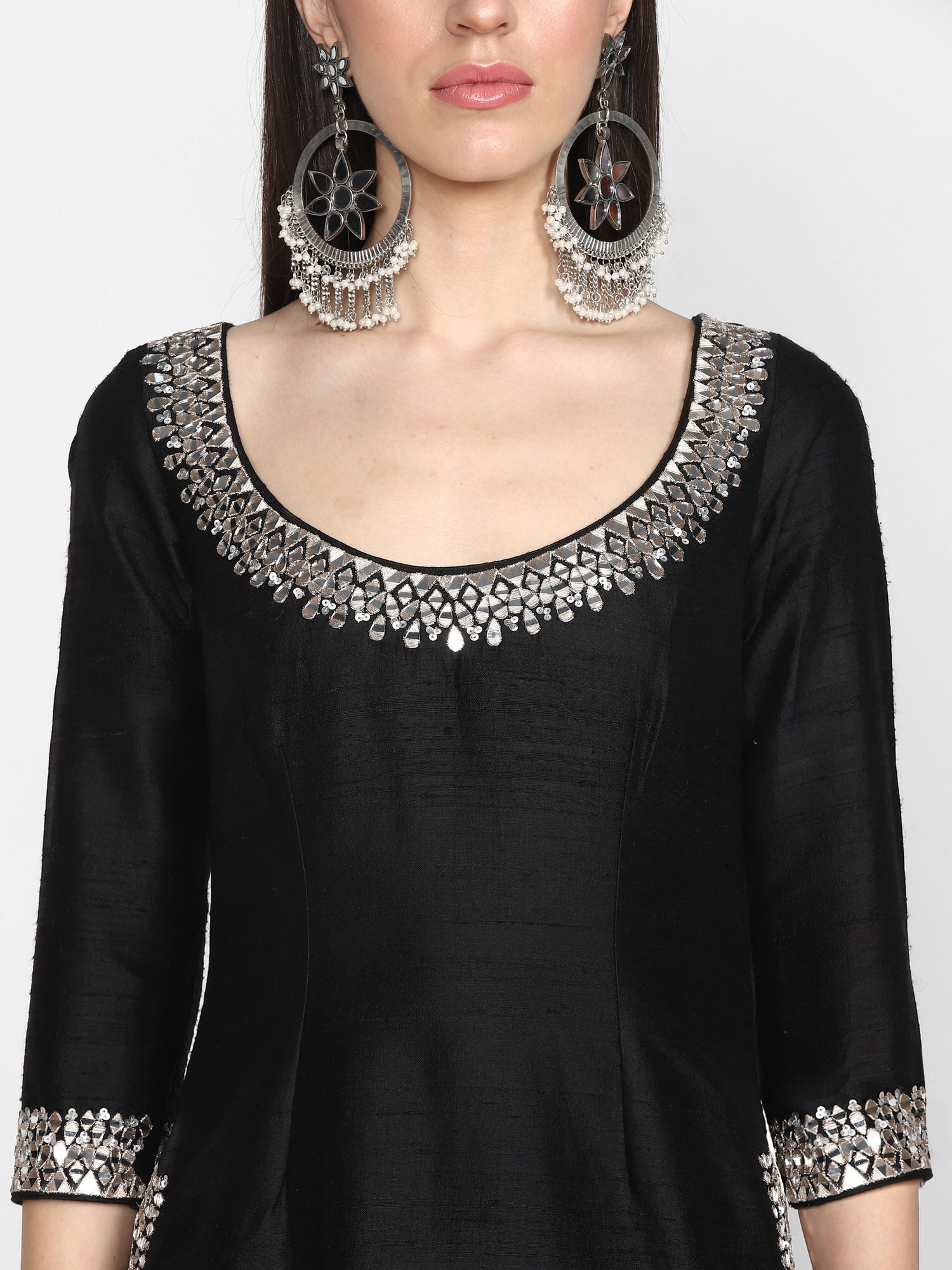 Black Embroidered Raw Silk Sharara Set (3-Piece) - Image 7
