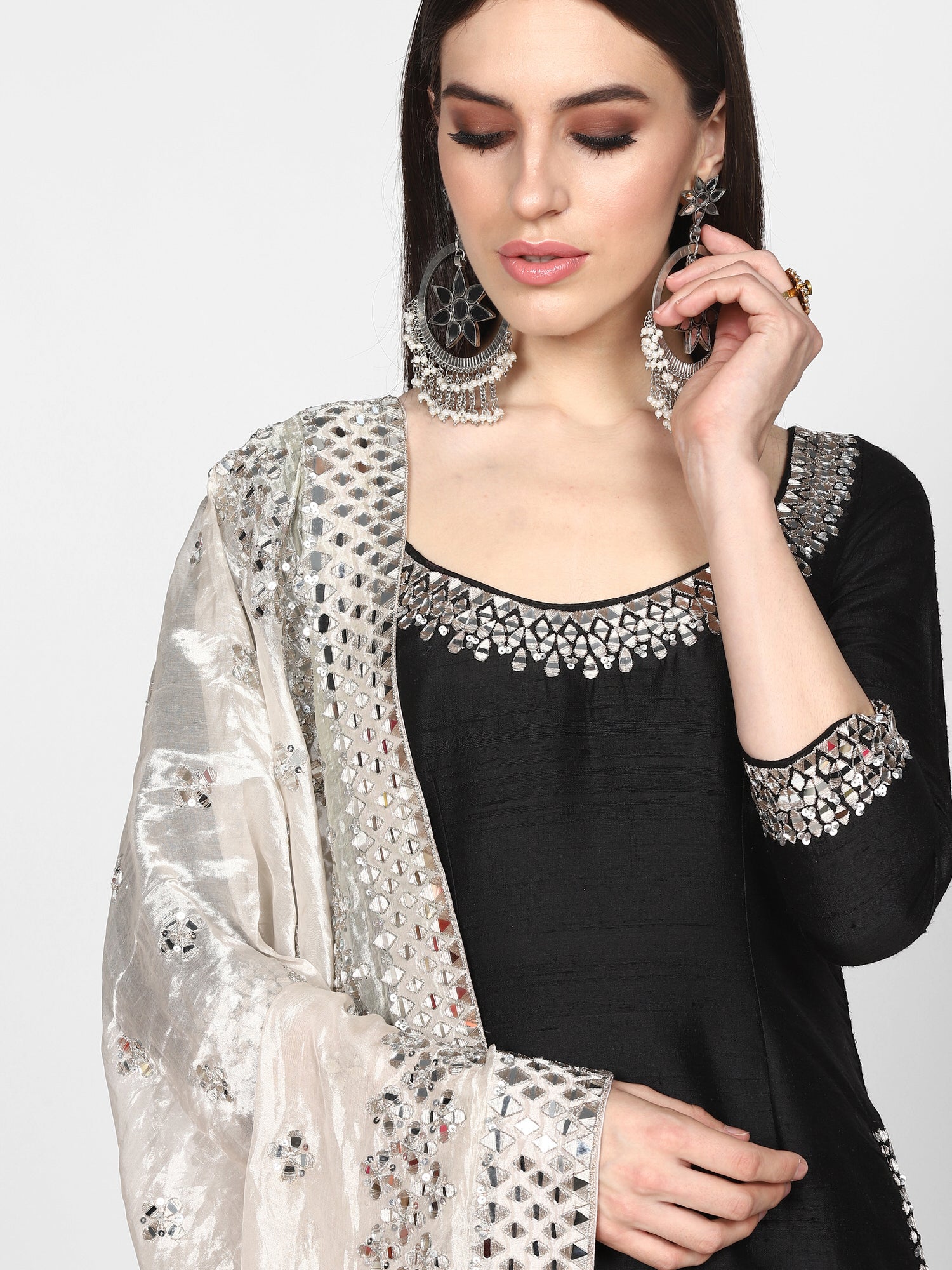 Black Embroidered Raw Silk Sharara Set (3-Piece) - Image 8