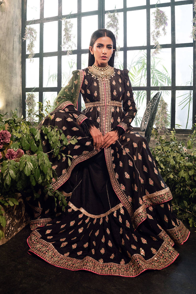 Pakistani Black Embroidered Raw Silk Peshwas Dress (3-Piece) - Image 1