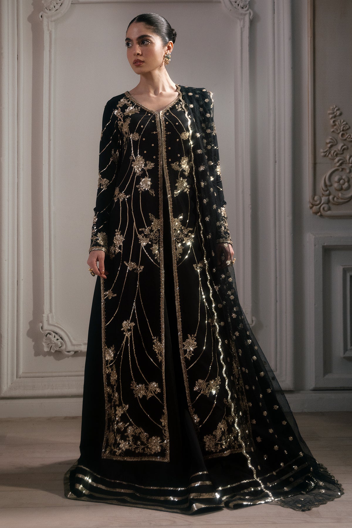 Black Embellished Roman Silk Sharara Set (3-Piece) - Image 1