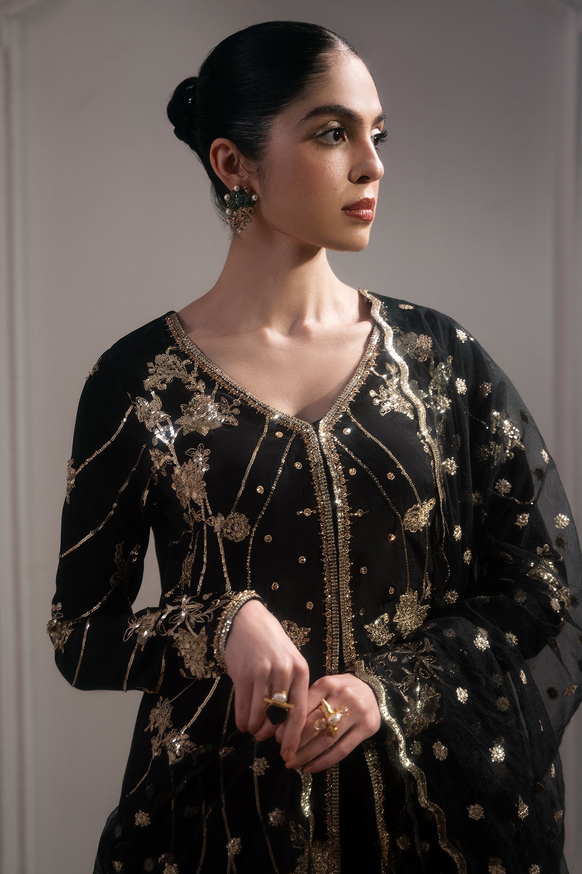 Black Embellished Roman Silk Sharara Set (3-Piece) - Image 2