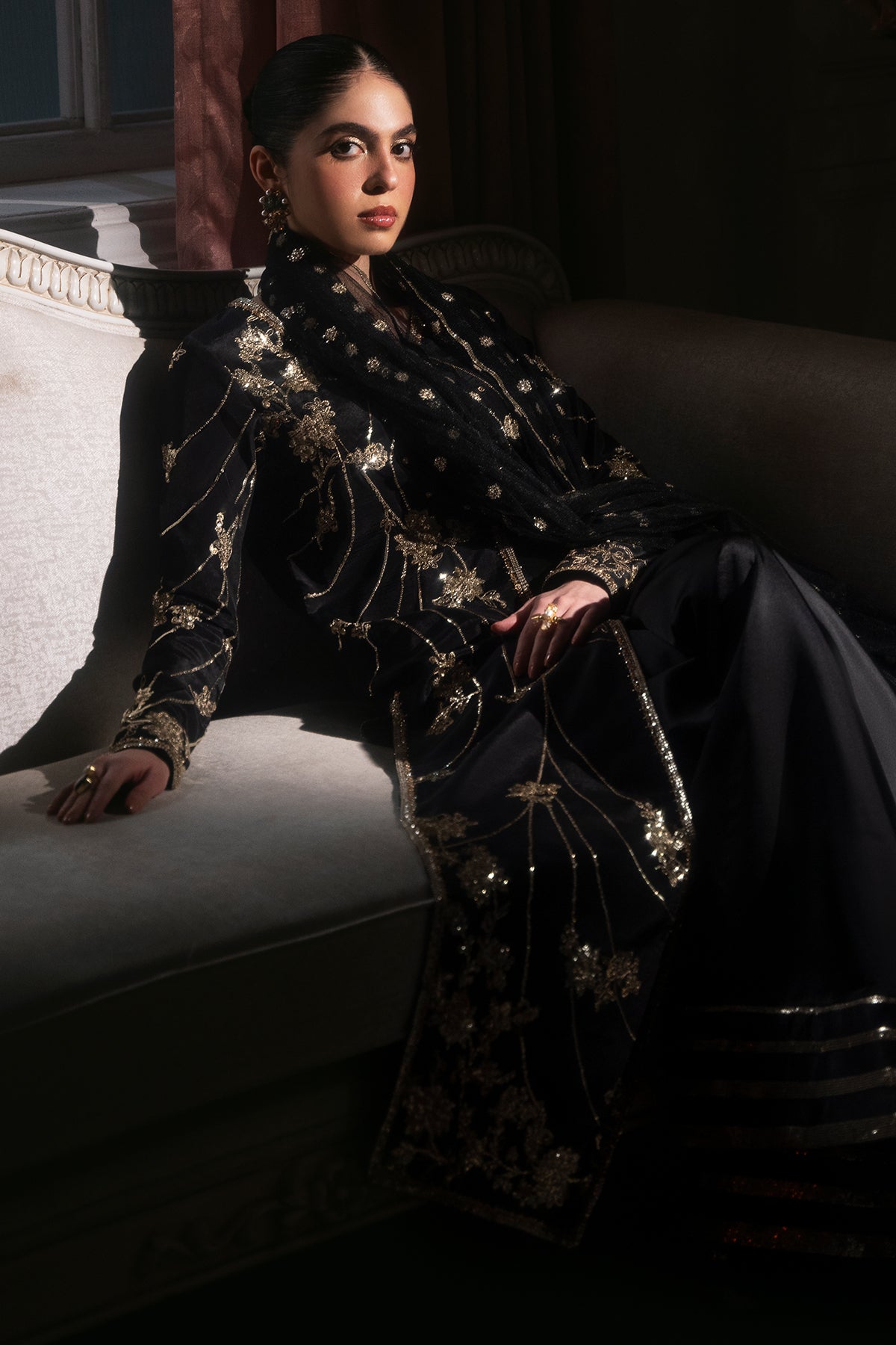 Black Embellished Roman Silk Sharara Set (3-Piece) - Image 3