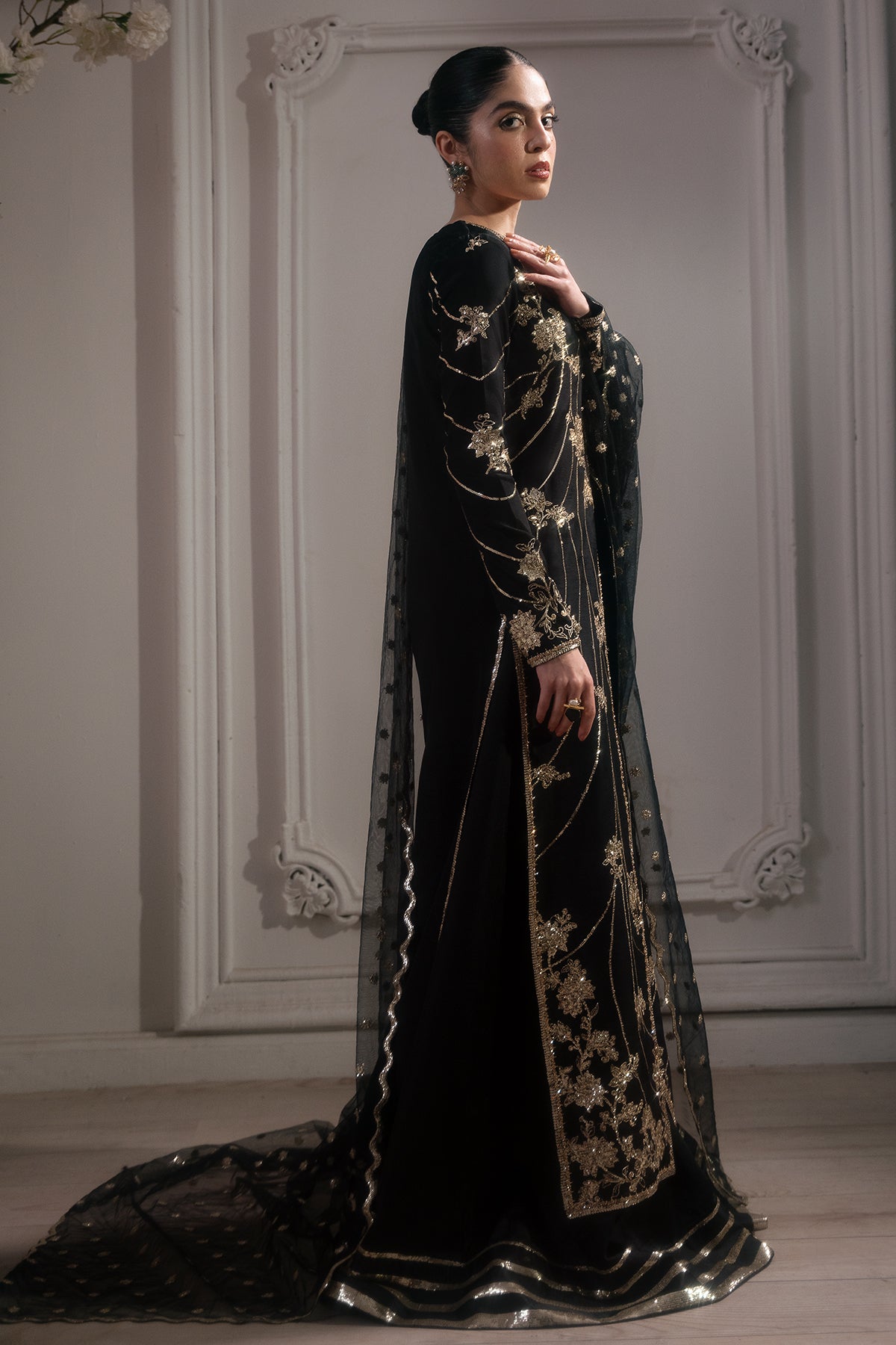 Black Embellished Roman Silk Sharara Set (3-Piece) - Image 5