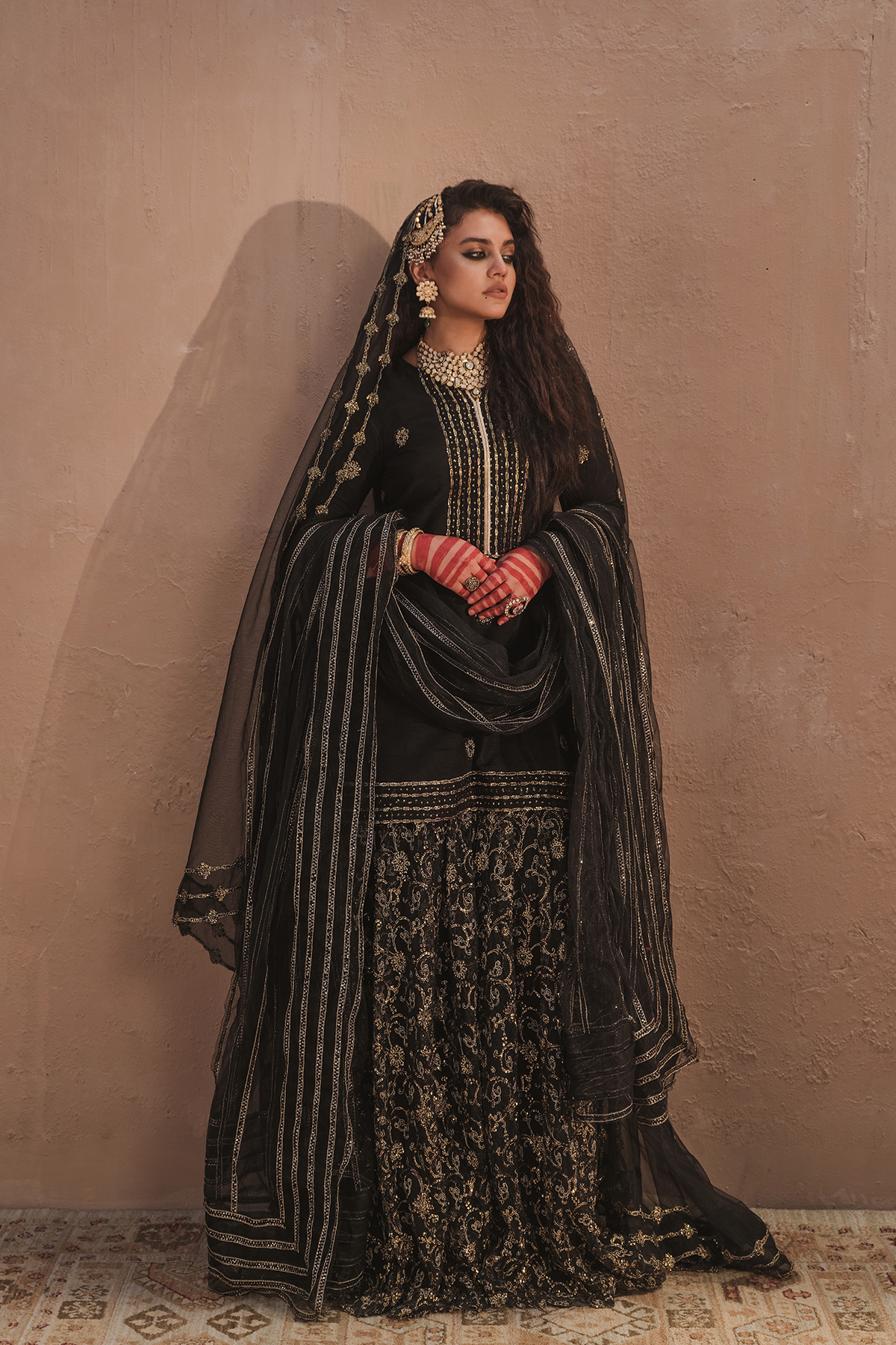 Pakistani Black Embroidered Silk-Blend Sharara (3-Piece) - Image 1