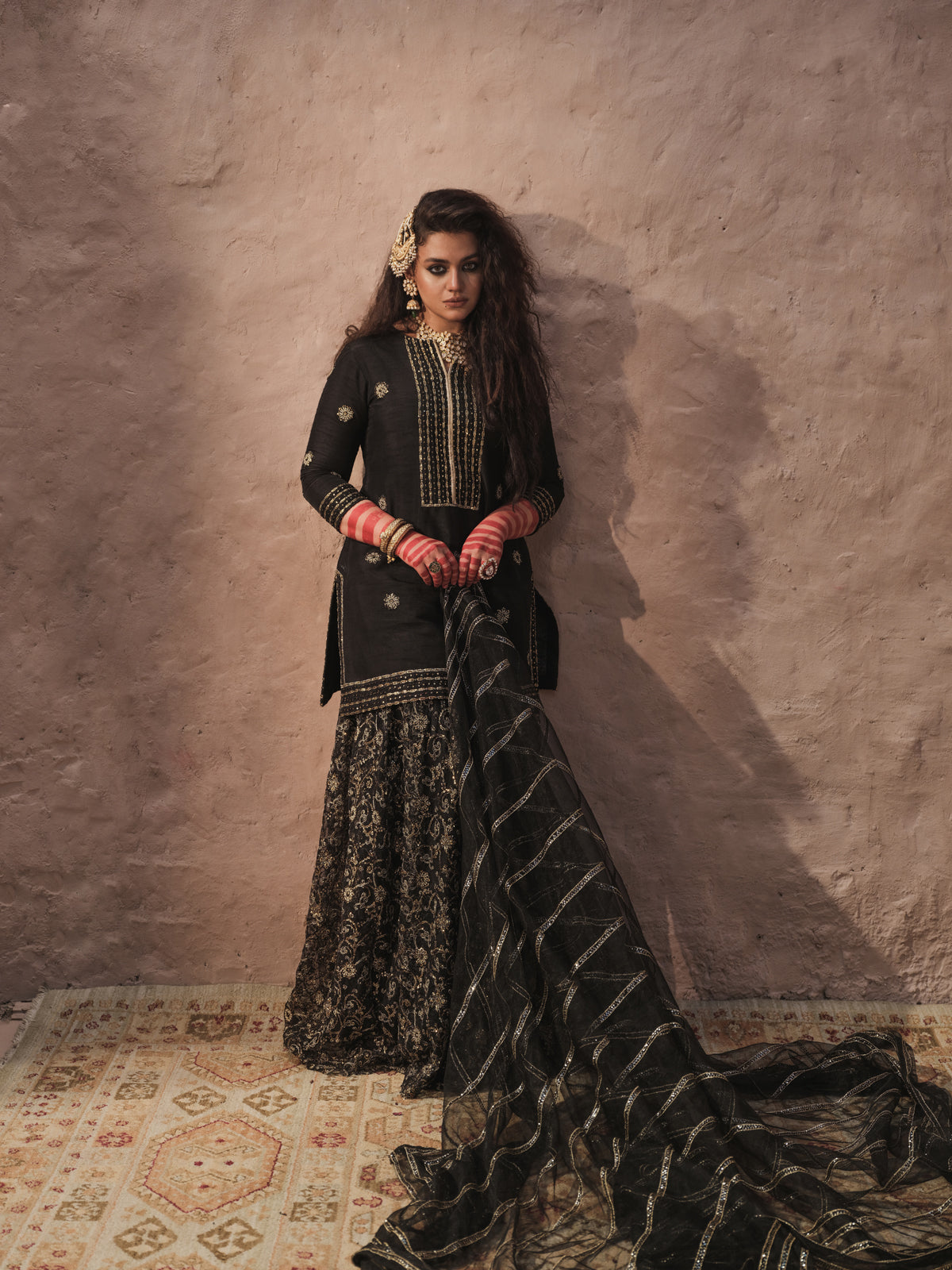 Pakistani Black Embroidered Silk-Blend Sharara (3-Piece) - Image 2