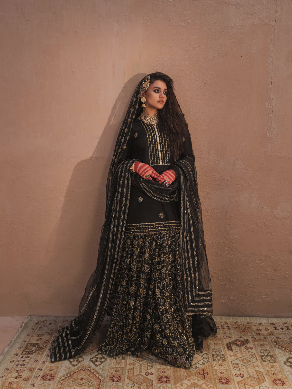 Pakistani Black Embroidered Silk-Blend Sharara (3-Piece) - Image 3