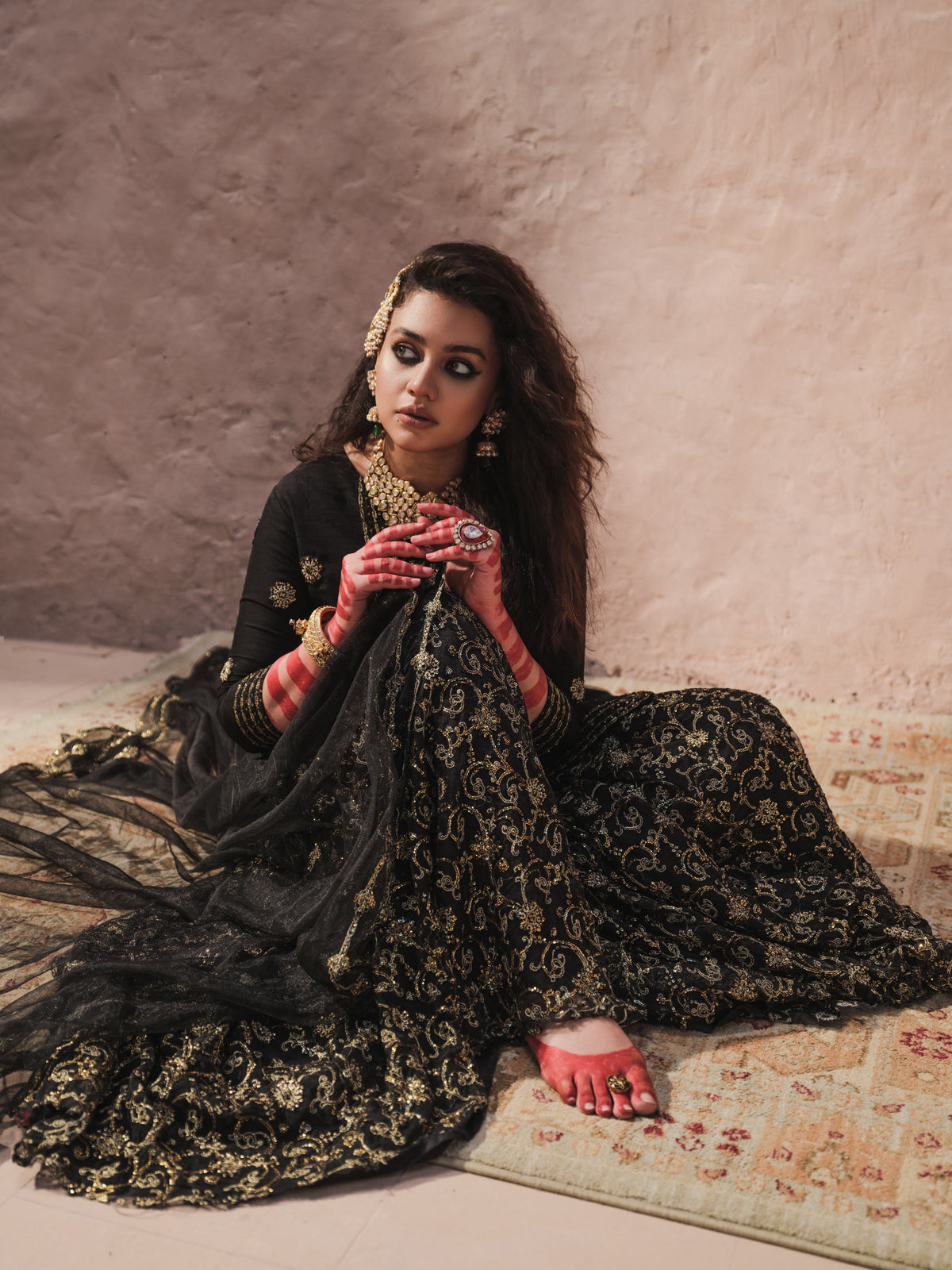 Pakistani Black Embroidered Silk-Blend Sharara (3-Piece) - Image 8