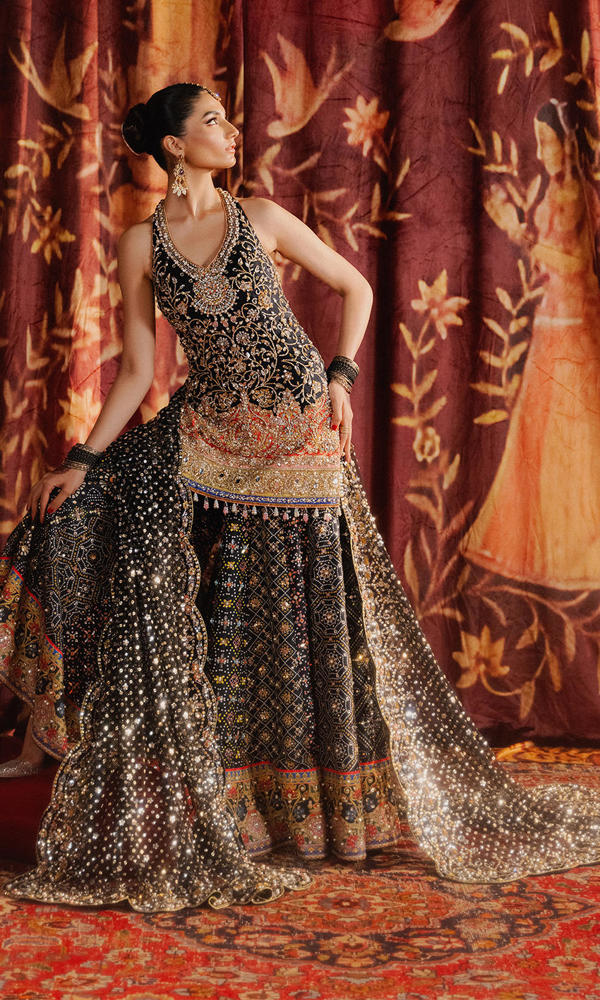 Black Embellished Silk Sharara Set (3-Piece) - Image 5