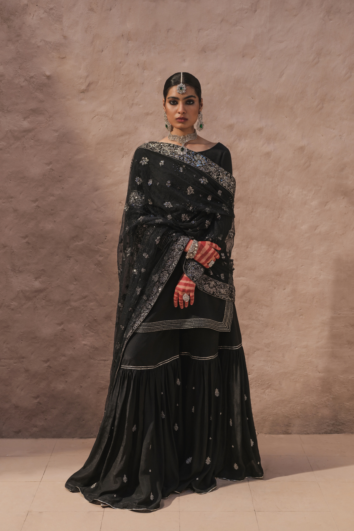 Black Hand-Embroidered Silk-Blend Sharara (3-Piece) - Image 1