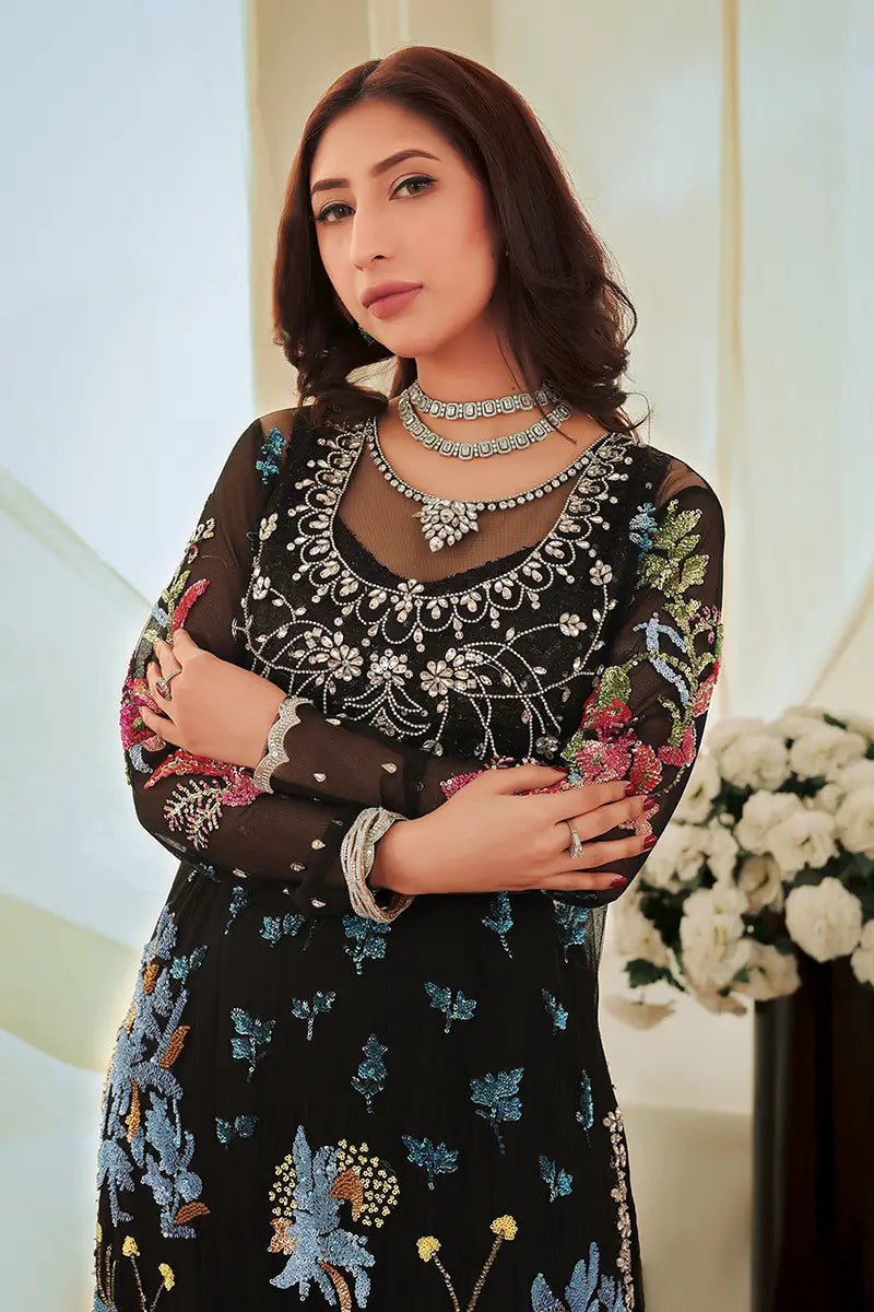 Black Embroidered Net & Silk Sharara (3-Piece) - Image 2