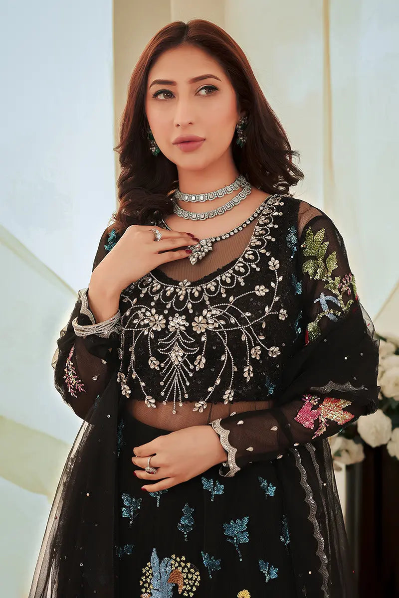 Black Embroidered Net & Silk Sharara (3-Piece) - Image 3