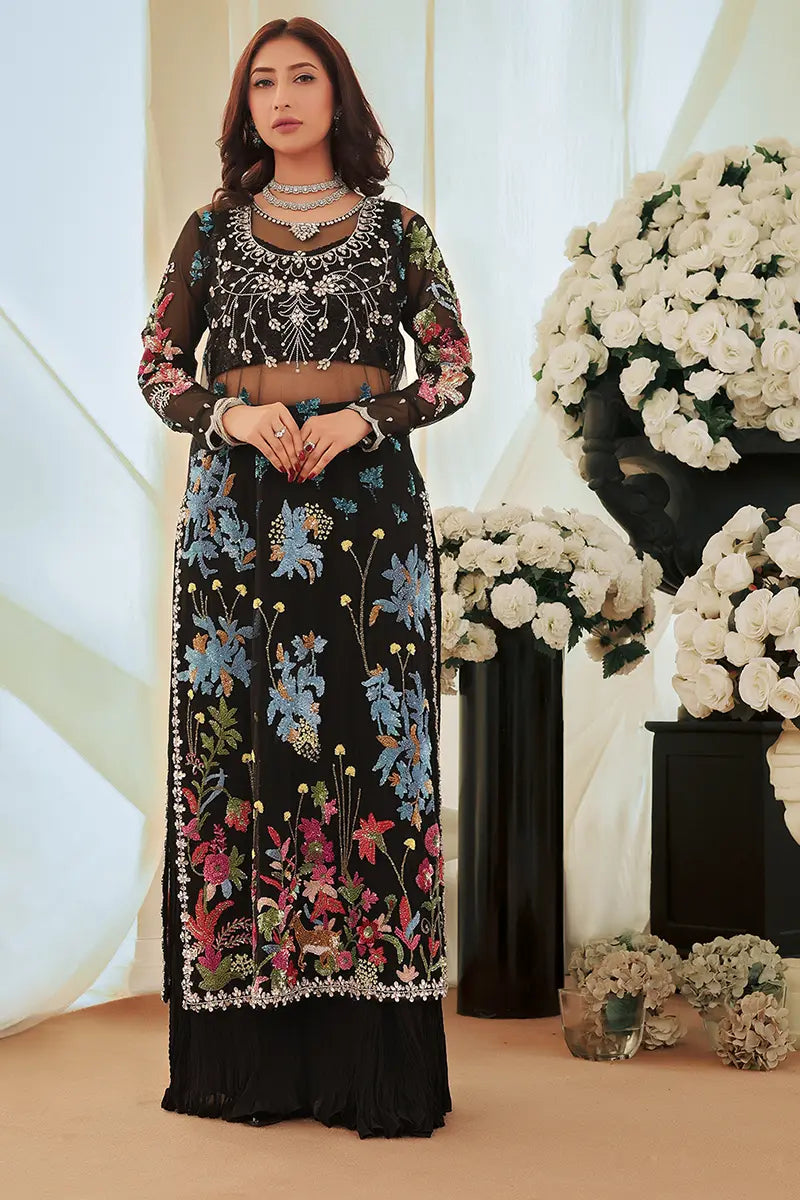 Black Embroidered Net & Silk Sharara (3-Piece) - Image 6