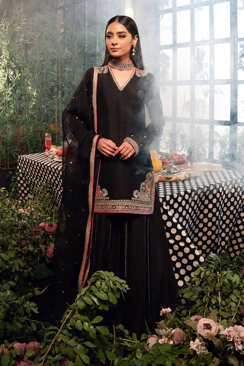 Jet Black Embroidered Silk Sharara (3-Piece) - Image 1