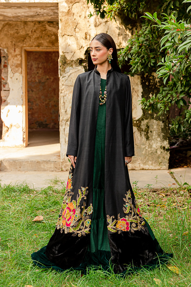Pakistani Black & Green Embroidered Velvet Silk Sharara (3-Piece) - Image 1