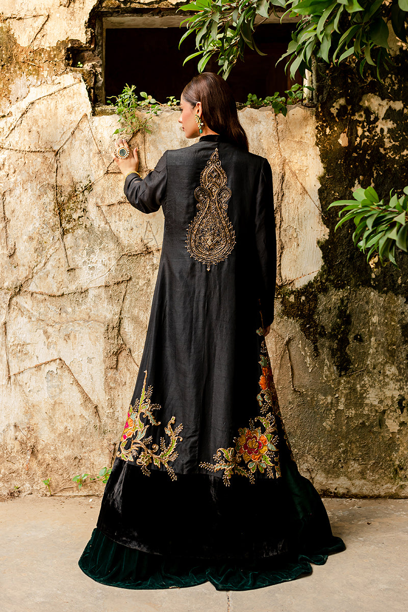 Pakistani Black & Green Embroidered Velvet Silk Sharara (3-Piece) - Image 2