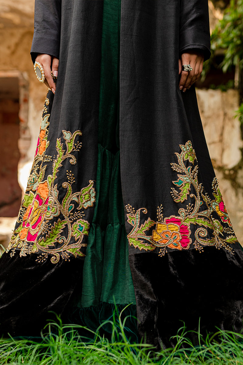 Pakistani Black & Green Embroidered Velvet Silk Sharara (3-Piece) - Image 6