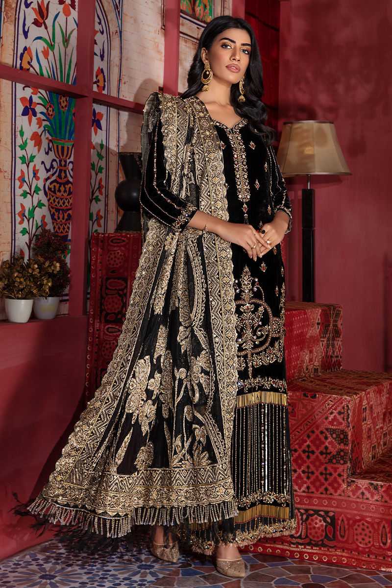 Black Gold Embroidered Silk Velvet Sharara (3-Piece) - Image 1