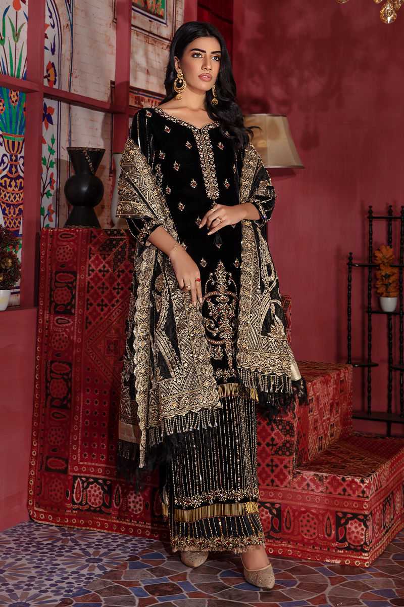 Black Gold Embroidered Silk Velvet Sharara (3-Piece) - Image 2