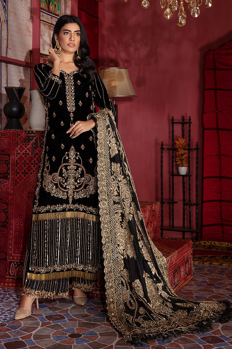 Black Gold Embroidered Silk Velvet Sharara (3-Piece) - Image 3