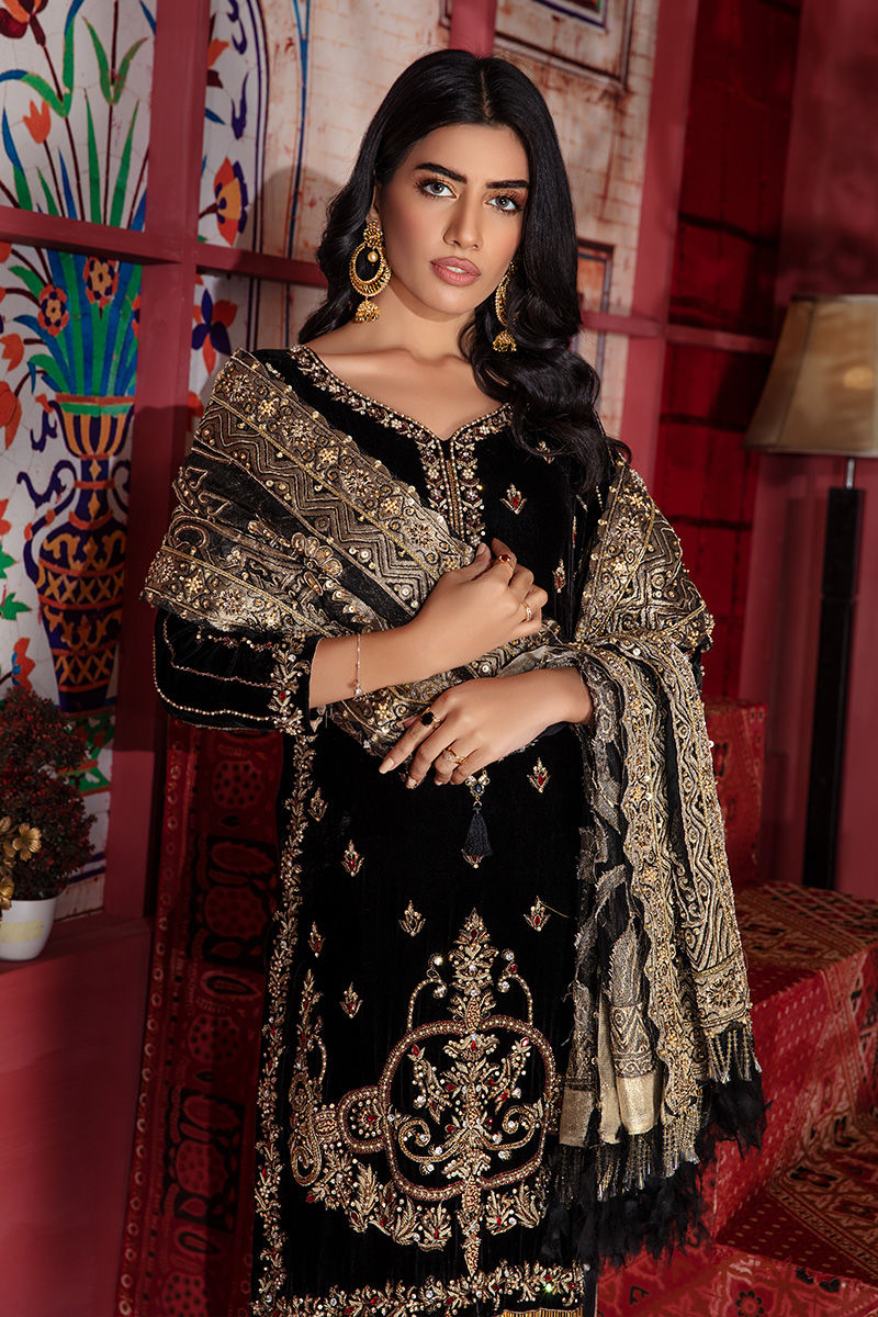 Black Gold Embroidered Silk Velvet Sharara (3-Piece) - Image 5