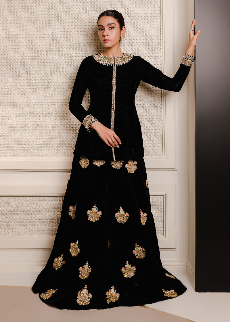 Pakistani Black Bejewelled Velvet Sharara Set (2-Piece) - Image 1