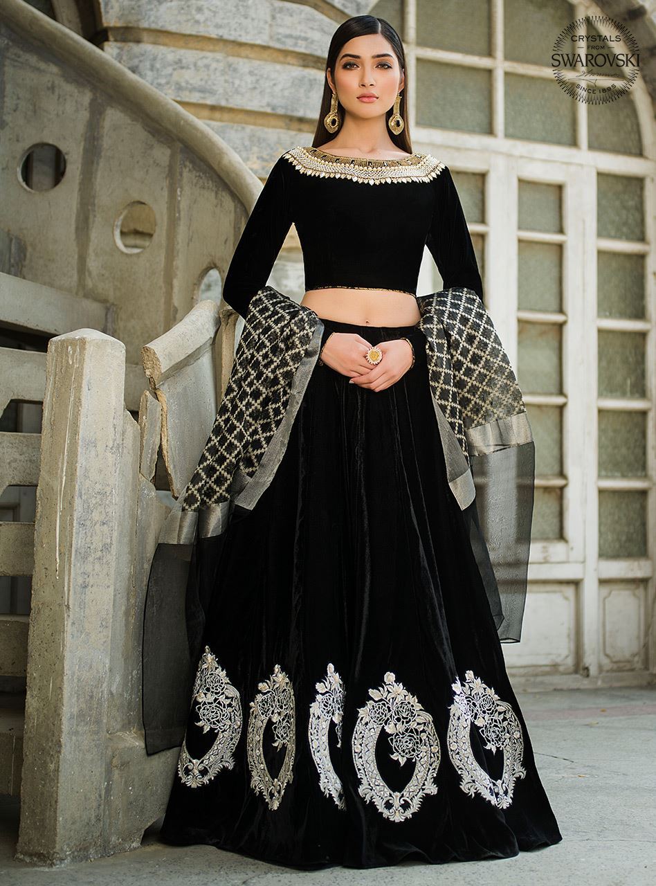 Pakistani Black Embellished Velvet Choli Sharara (3-Piece) - Image 1